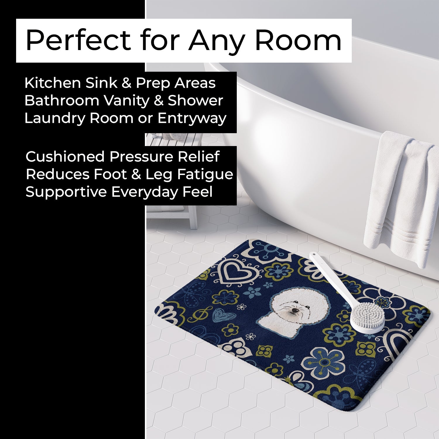 Blue Flowers Bichon Frise Memory Foam Kitchen Mat Machine Washable Anti-Fatigue Cushion Comfort Bath or Kitchen Rug