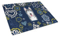 Blue Flowers Alaskan Malamute Cutting Board Tempered Glass Kitchen Cutting Surface, Heat Resistant Chopping, Non-Slip Feet, Food Prep & Serving