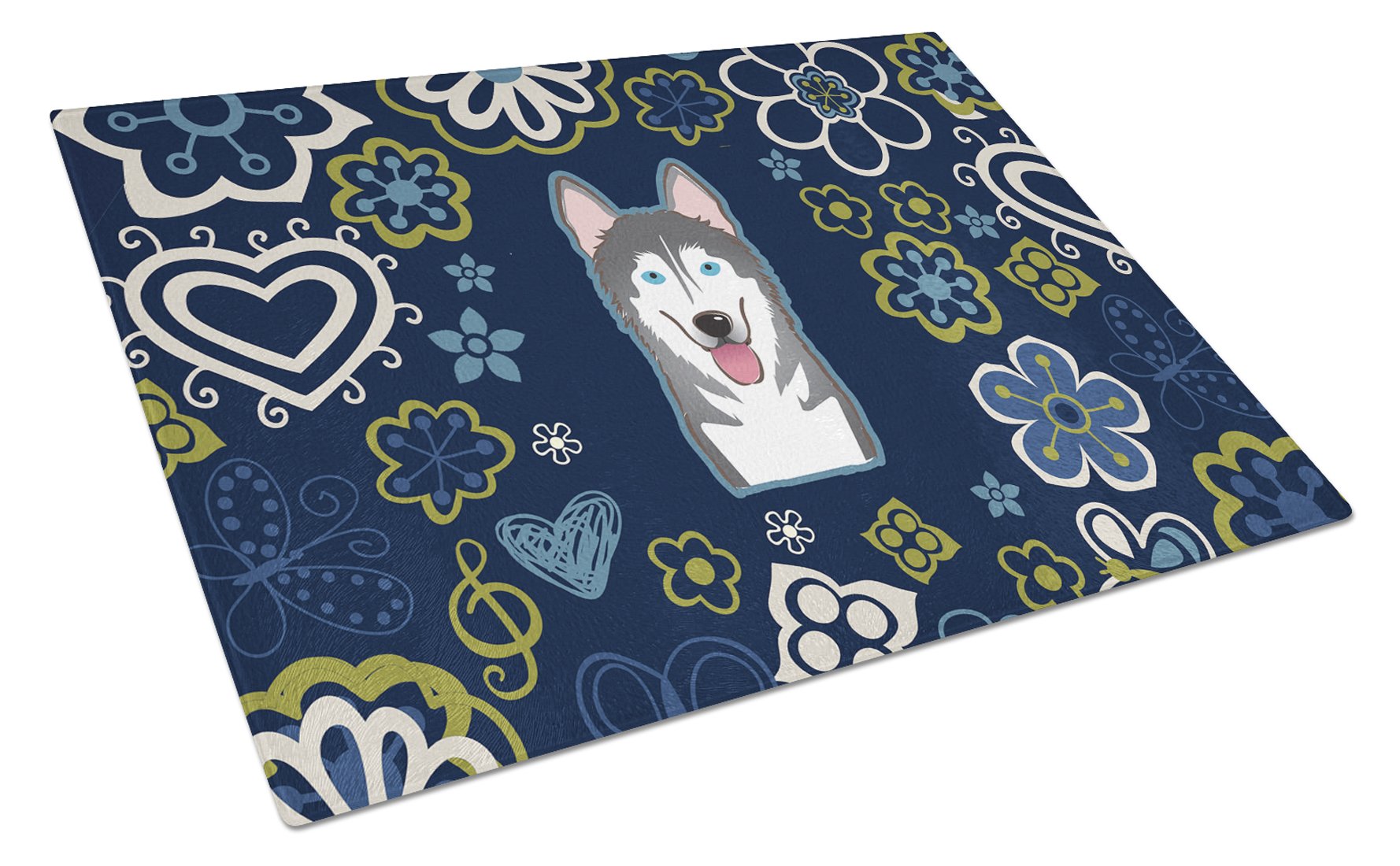 Blue Flowers Alaskan Malamute Cutting Board Tempered Glass Kitchen Cutting Surface, Heat Resistant Chopping, Non-Slip Feet, Food Prep & Serving