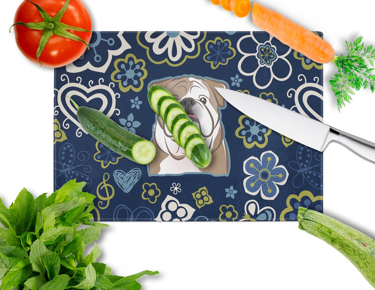 Blue Flowers English Bulldog  Cutting Board Tempered Glass Kitchen Cutting Surface, Heat Resistant Chopping, Non-Slip Feet, Food Prep & Serving