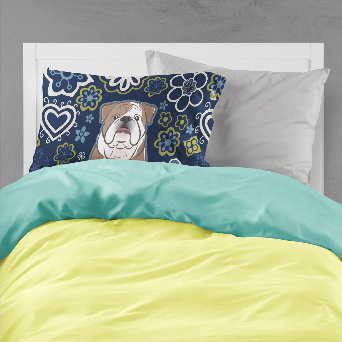 Blue Flowers English Bulldog  Standard Pillowcase Lightweight Super Soft Easy Care Decorative Artwork Pillowcase, Standard