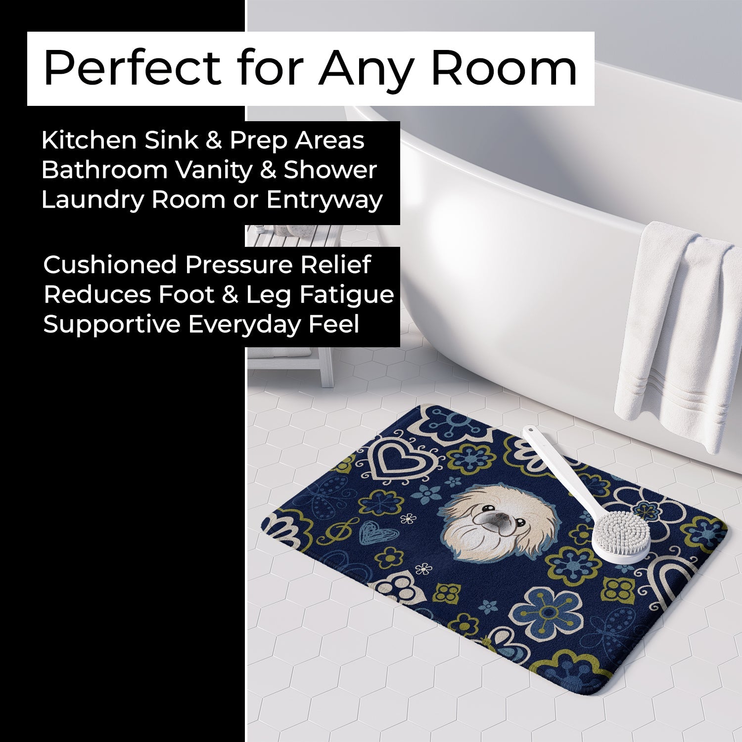 Blue Flowers Pekingese Memory Foam Kitchen Mat Machine Washable Anti-Fatigue Cushion Comfort Bath or Kitchen Rug