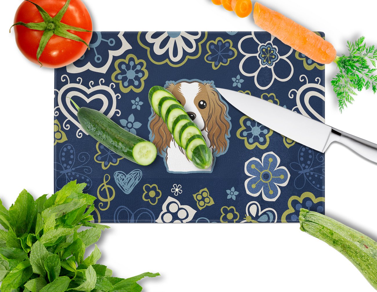 Blue Flowers Cavalier Spaniel Cutting Board Tempered Glass Kitchen Cutting Surface, Heat Resistant Chopping, Non-Slip Feet, Food Prep & Serving