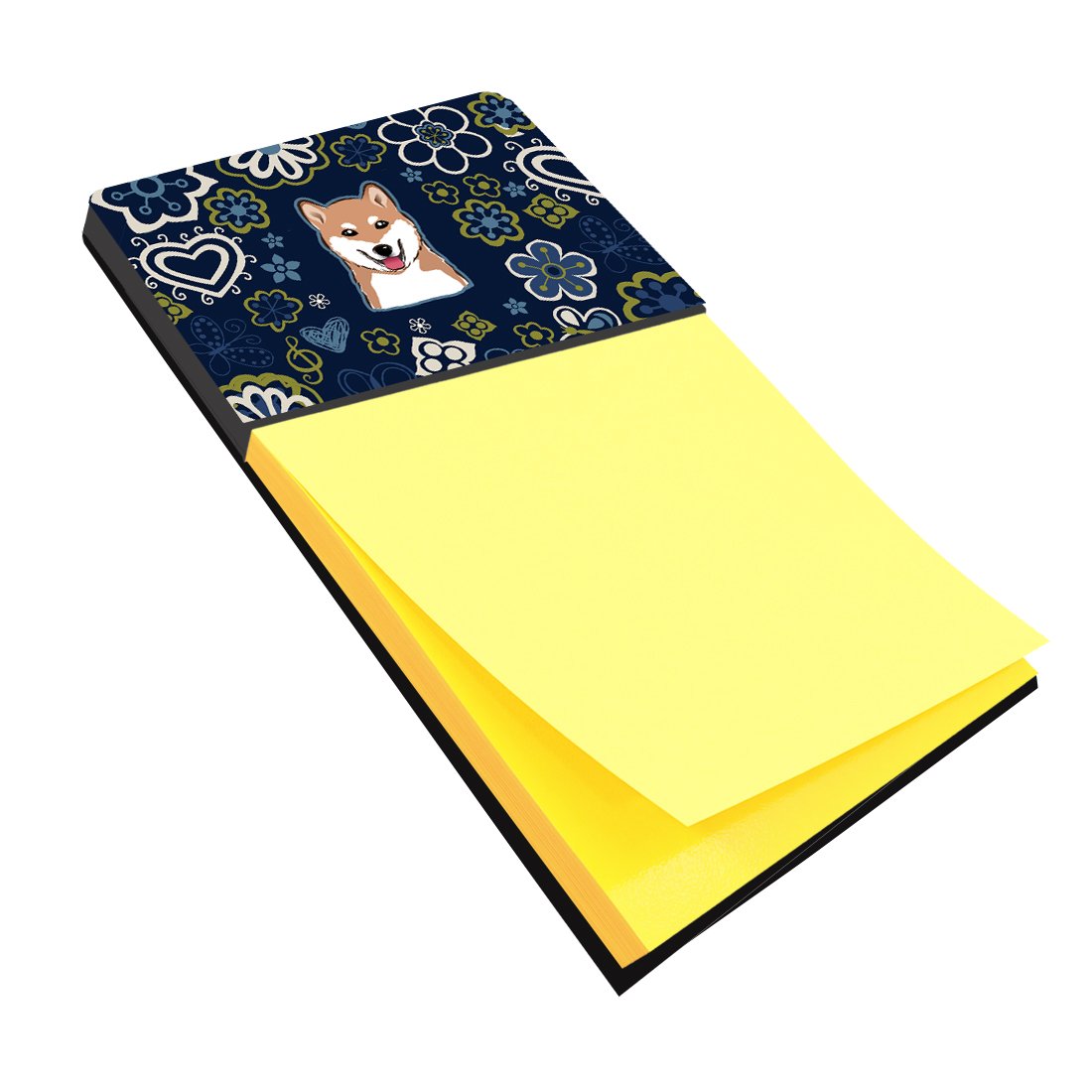 Blue Flowers Shiba Inu Watercolor Sticky Note Holder Refillable Dispenser Desk Accessory 3x3 Pad Gift