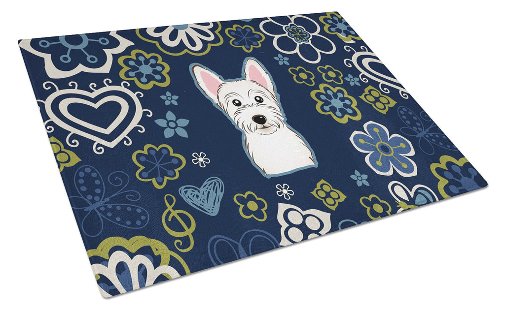 Blue Flowers Westie Cutting Board Tempered Glass Kitchen Cutting Surface, Heat Resistant Chopping, Non-Slip Feet, Food Prep & Serving