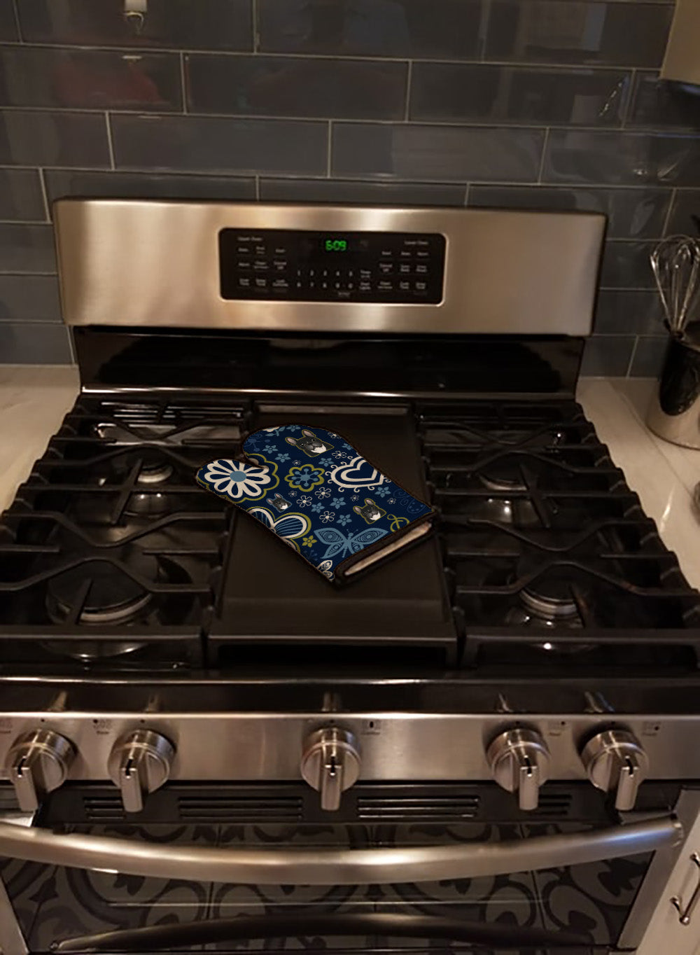 Blue Flowers French Bulldog Oven Mitt Heat Resistant Thick Oven Mitt for Hot Pans and Oven, Kitchen Mitt Protect Hands, Cooking Baking Glove