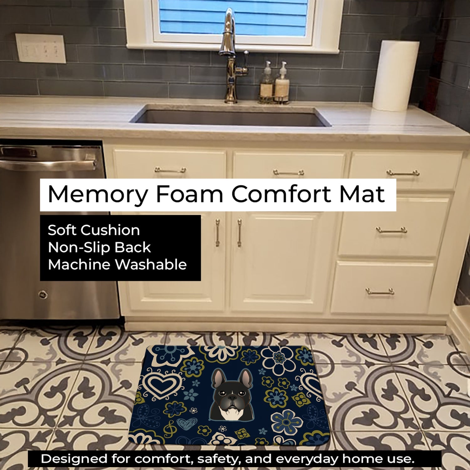 Blue Flowers French Bulldog Memory Foam Kitchen Mat Machine Washable Anti-Fatigue Cushion Comfort Bath or Kitchen Rug