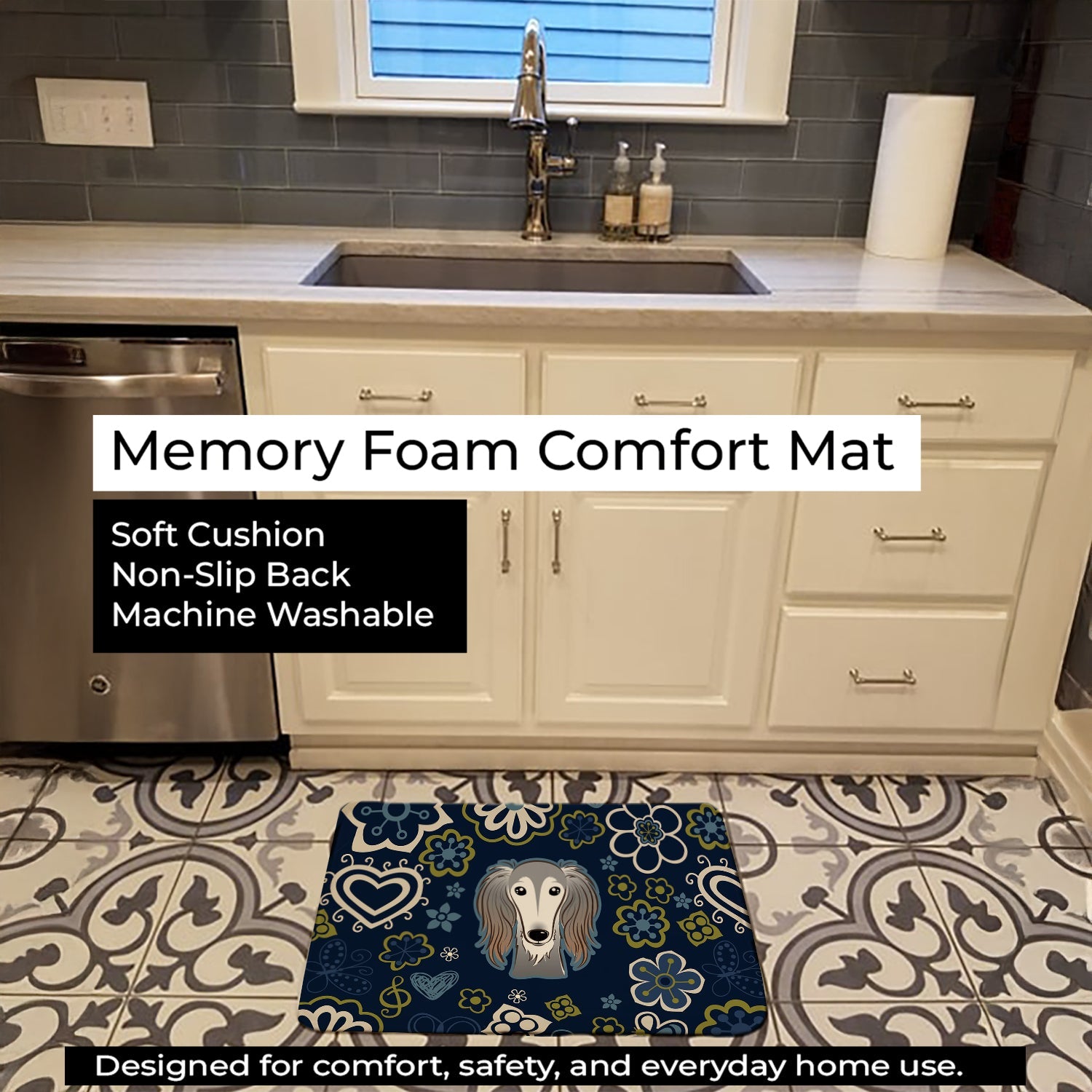 Blue Flowers Saluki Memory Foam Kitchen Mat Machine Washable Anti-Fatigue Cushion Comfort Bath or Kitchen Rug