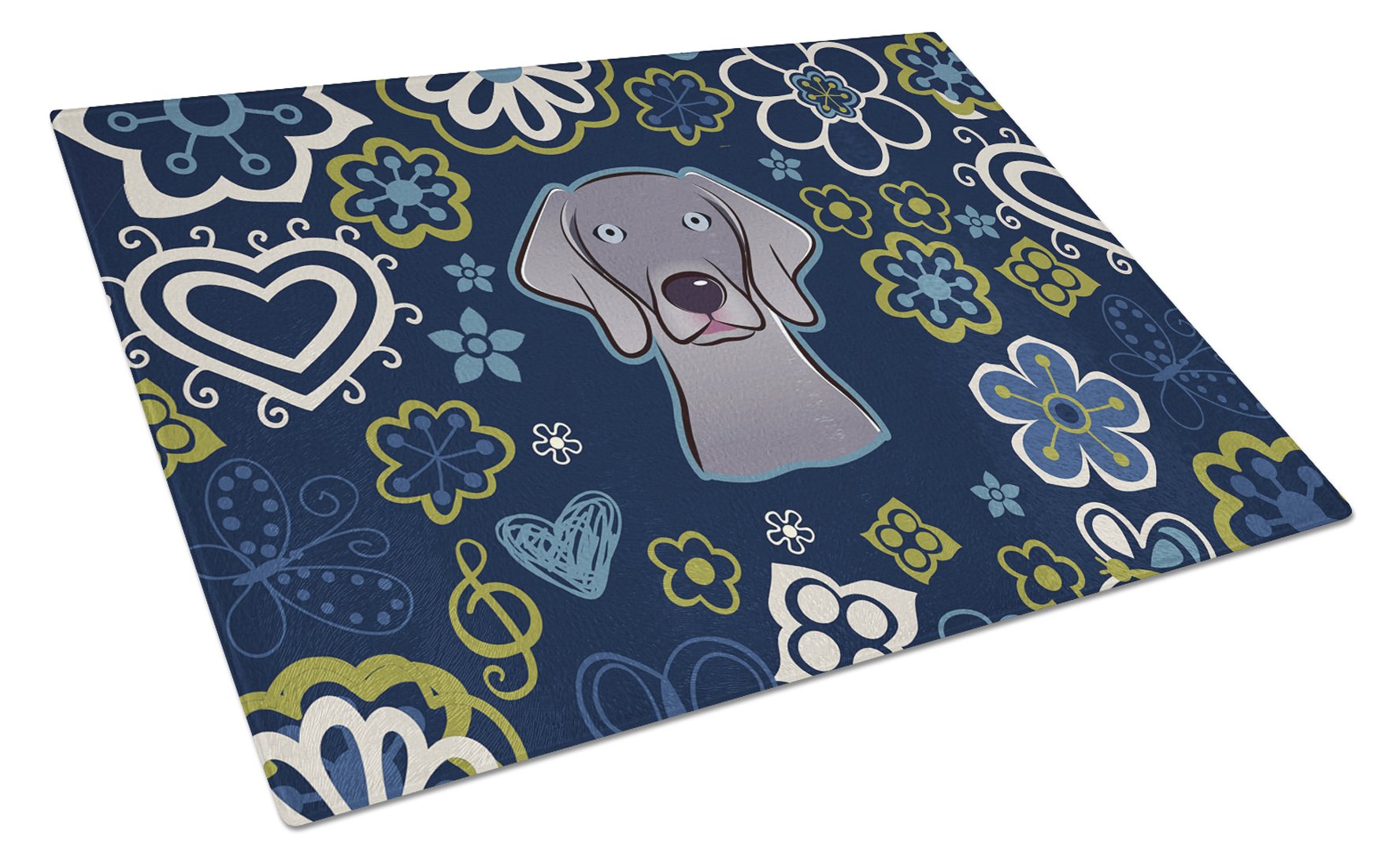 Blue Flowers Weimaraner Cutting Board Tempered Glass Kitchen Cutting Surface, Heat Resistant Chopping, Non-Slip Feet, Food Prep & Serving