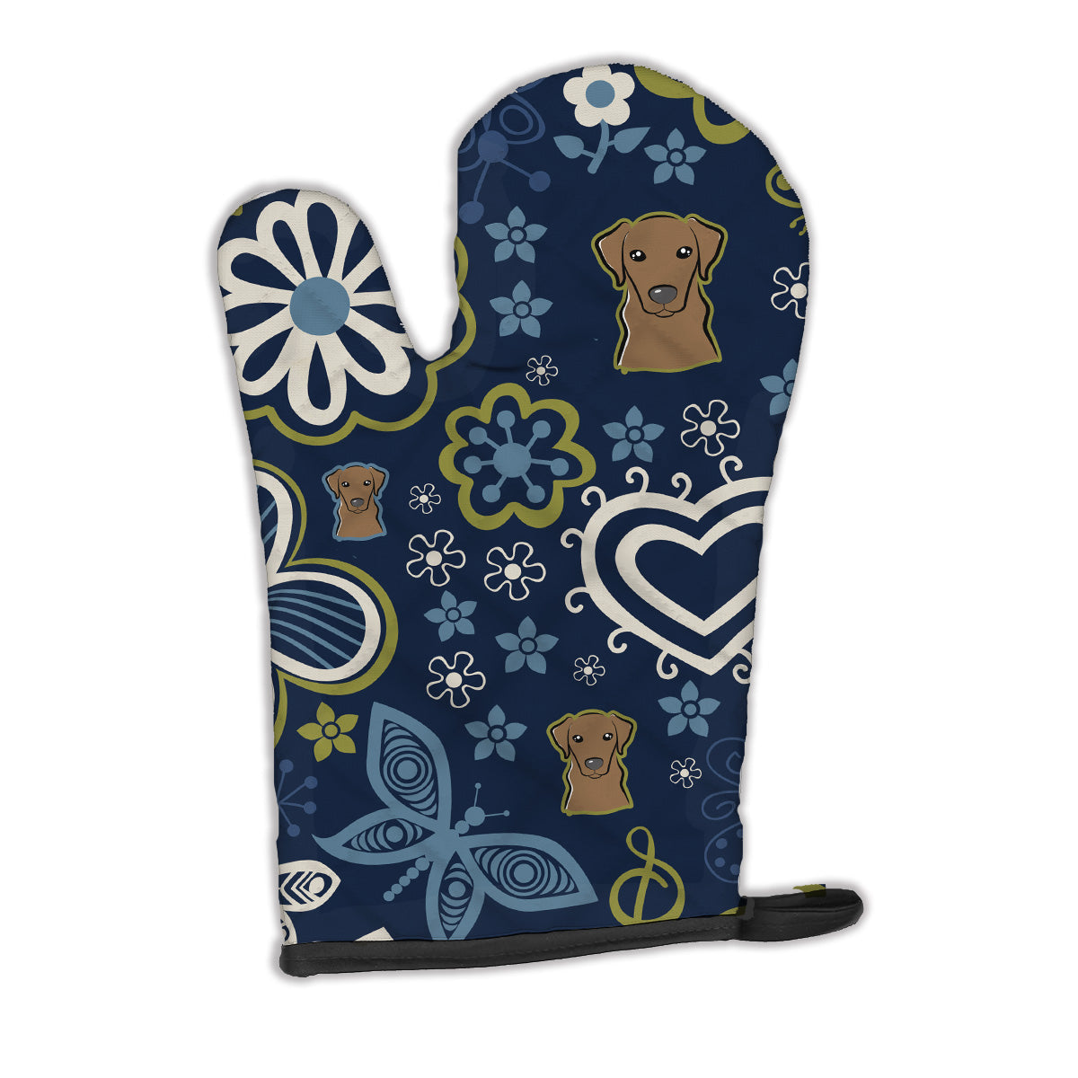 Blue Flowers Chocolate Labrador Oven Mitt Heat Resistant Thick Oven Mitt for Hot Pans and Oven, Kitchen Mitt Protect Hands, Cooking Baking Glove