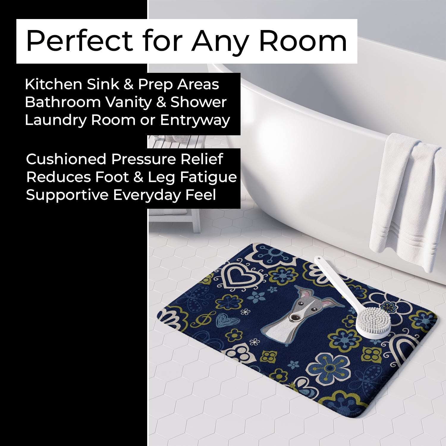 Blue Flowers Italian Greyhound Memory Foam Kitchen Mat Machine Washable Anti-Fatigue Cushion Comfort Bath or Kitchen Rug