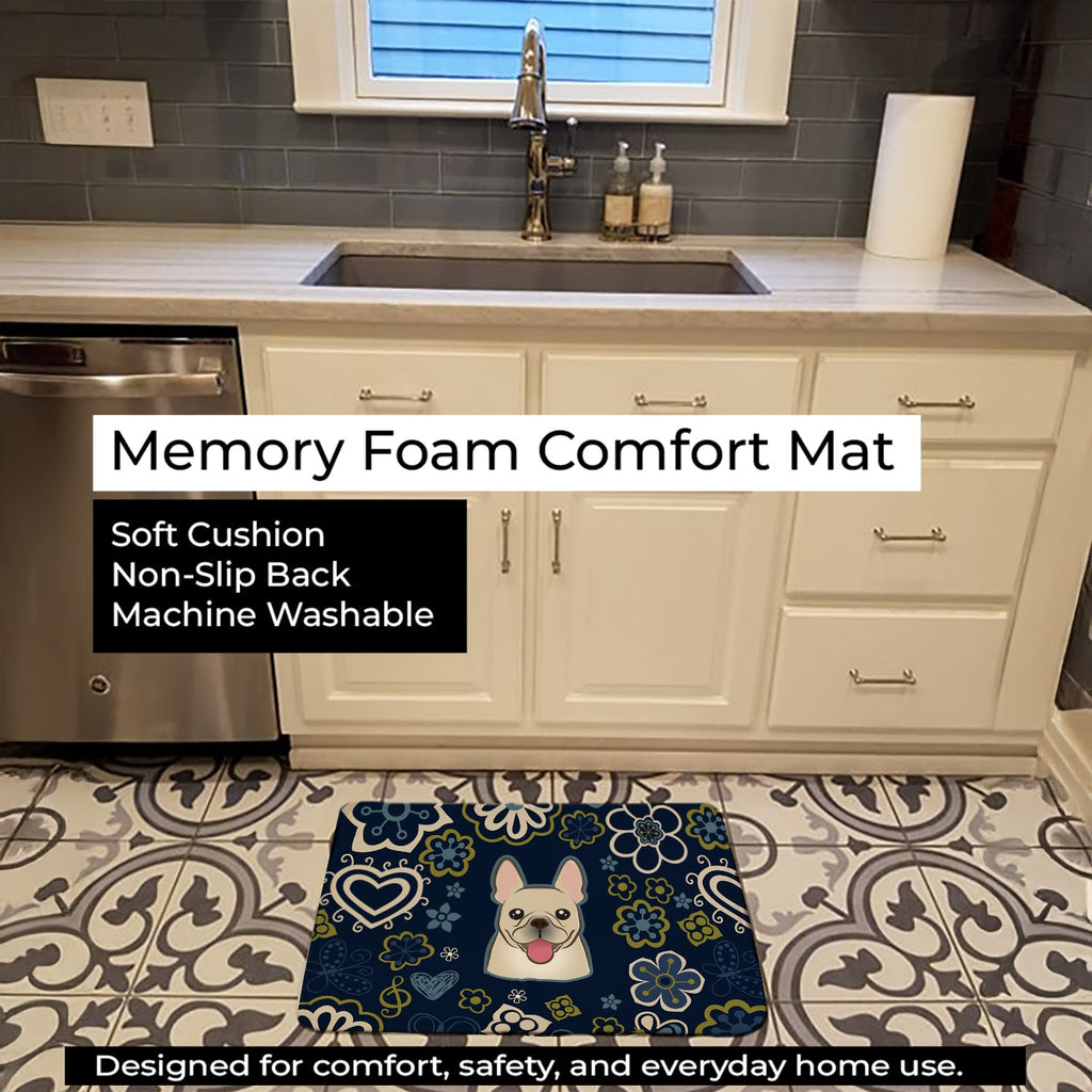 Blue Flowers French Bulldog Memory Foam Kitchen Mat Machine Washable Anti-Fatigue Cushion Comfort Bath or Kitchen Rug
