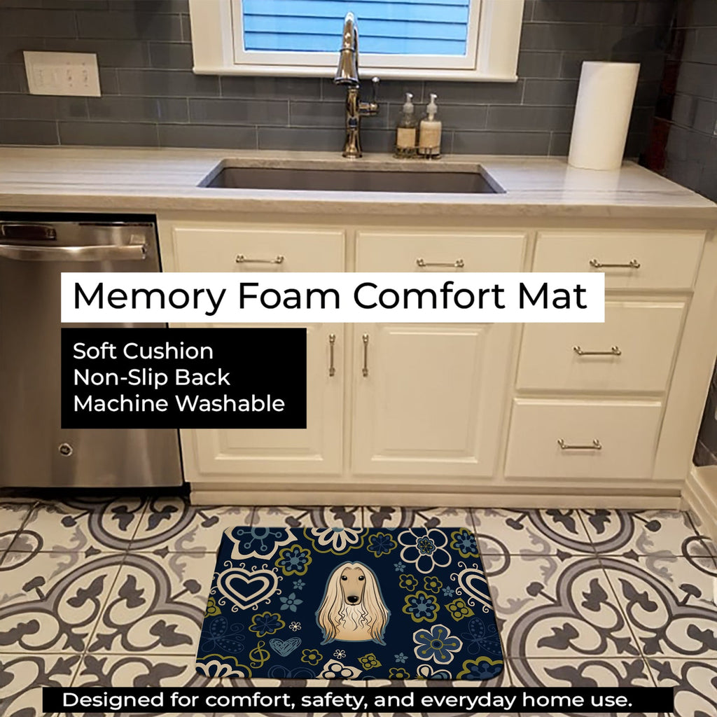 Blue Flowers Afghan Hound Memory Foam Kitchen Mat Machine Washable Anti-Fatigue Cushion Comfort Bath or Kitchen Rug