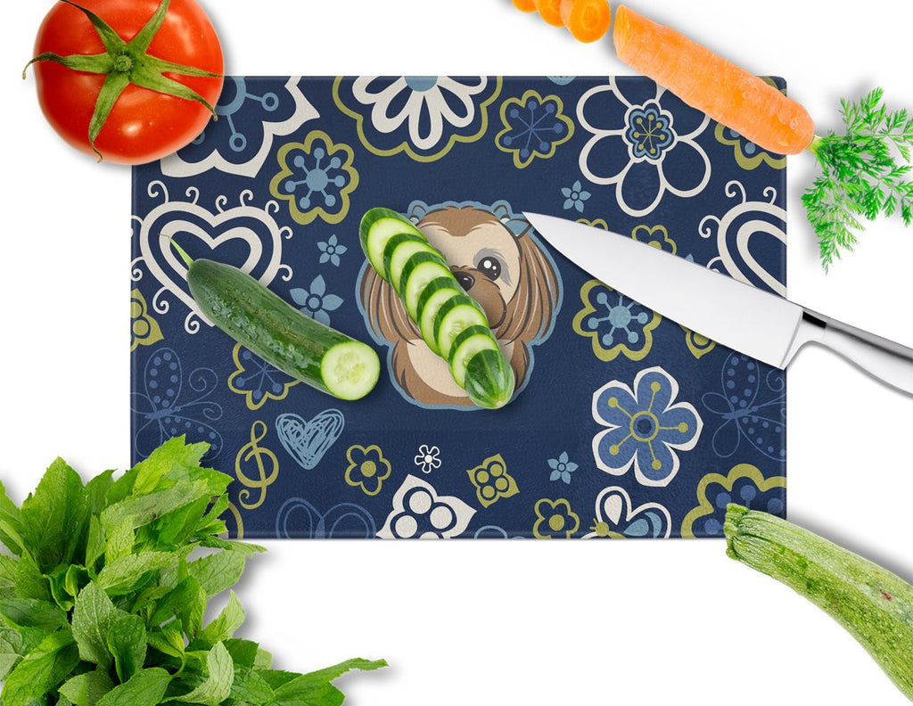 Blue Flowers Chocolate Brown Shih Tzu Cutting Board Tempered Glass Kitchen Cutting Surface, Heat Resistant Chopping, Non-Slip Feet, Food Prep & Serving