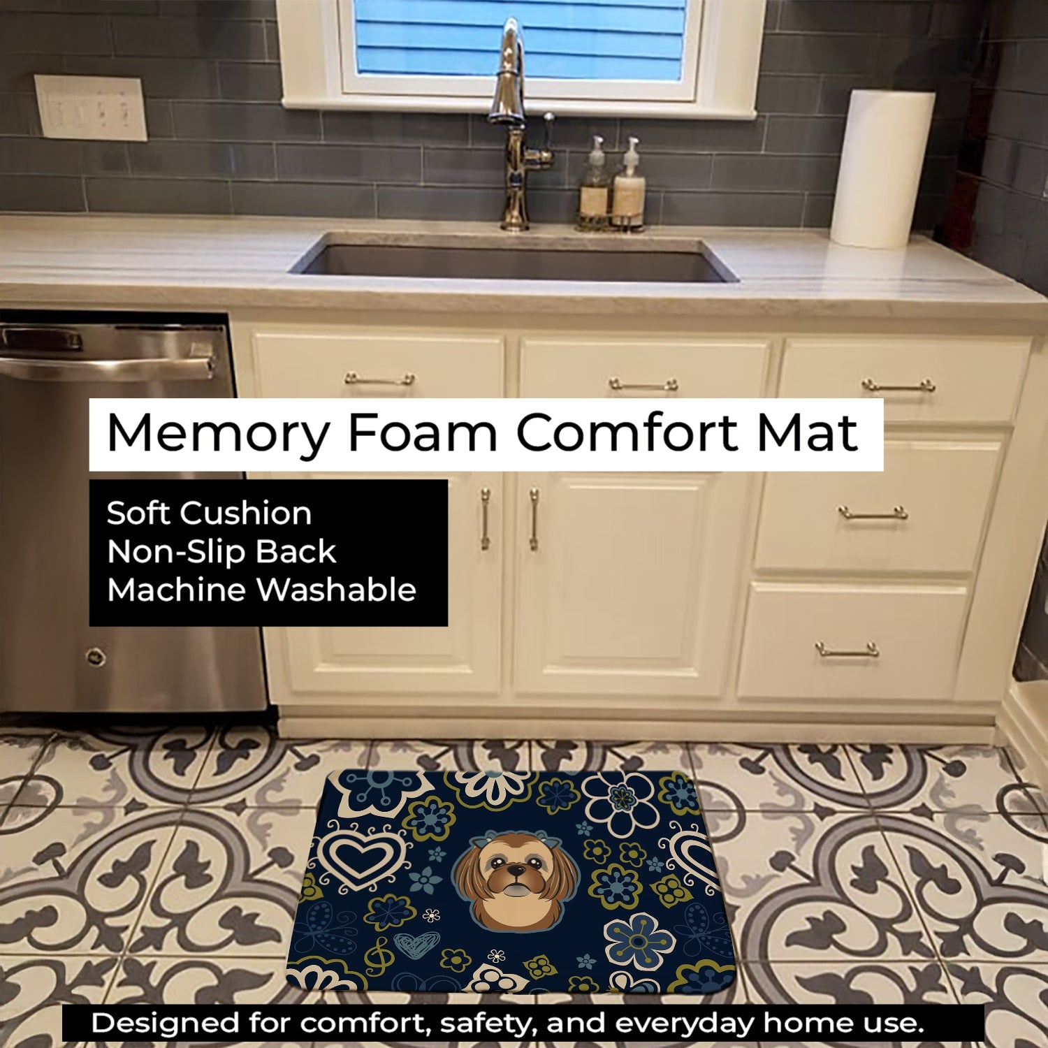 Blue Flowers Chocolate Brown Shih Tzu Memory Foam Kitchen Mat Machine Washable Anti-Fatigue Cushion Comfort Bath or Kitchen Rug