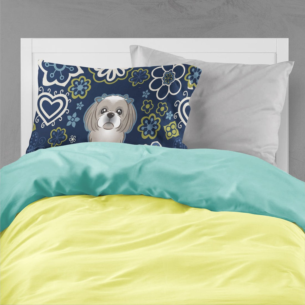 Blue Flowers Gray Silver Shih Tzu Standard Pillowcase Lightweight Super Soft Easy Care Decorative Artwork Pillowcase, Standard