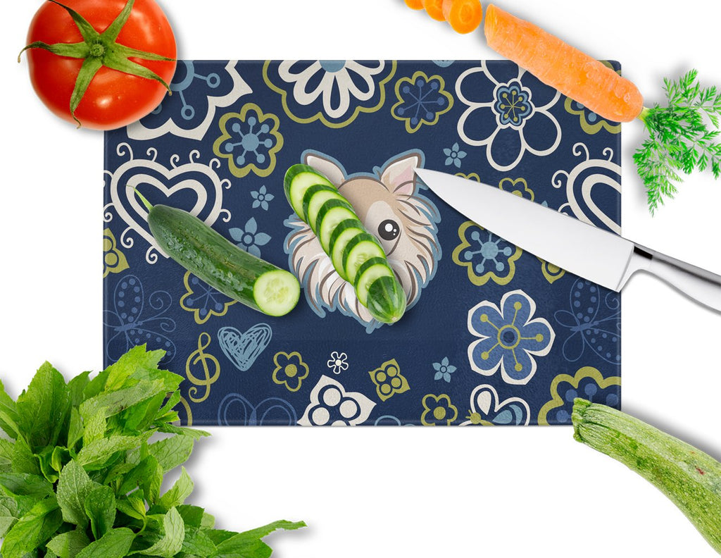 Blue Flowers Chihuahua Cutting Board Tempered Glass Kitchen Cutting Surface, Heat Resistant Chopping, Non-Slip Feet, Food Prep & Serving