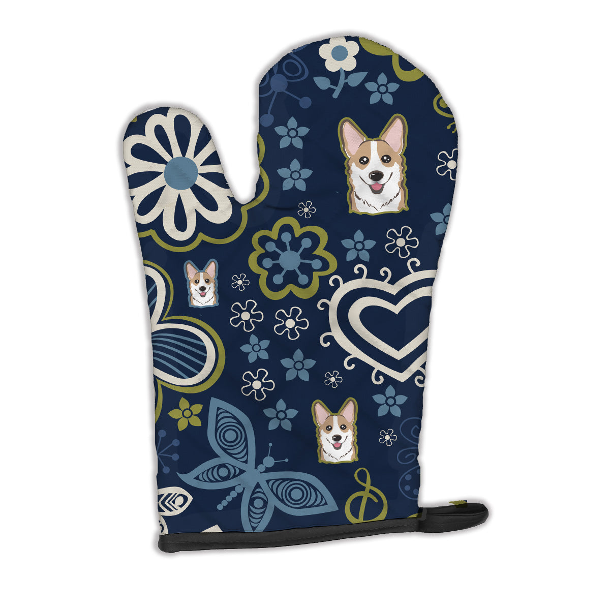 Blue Flowers Sable Corgi Oven Mitt Heat Resistant Thick Oven Mitt for Hot Pans and Oven, Kitchen Mitt Protect Hands, Cooking Baking Glove