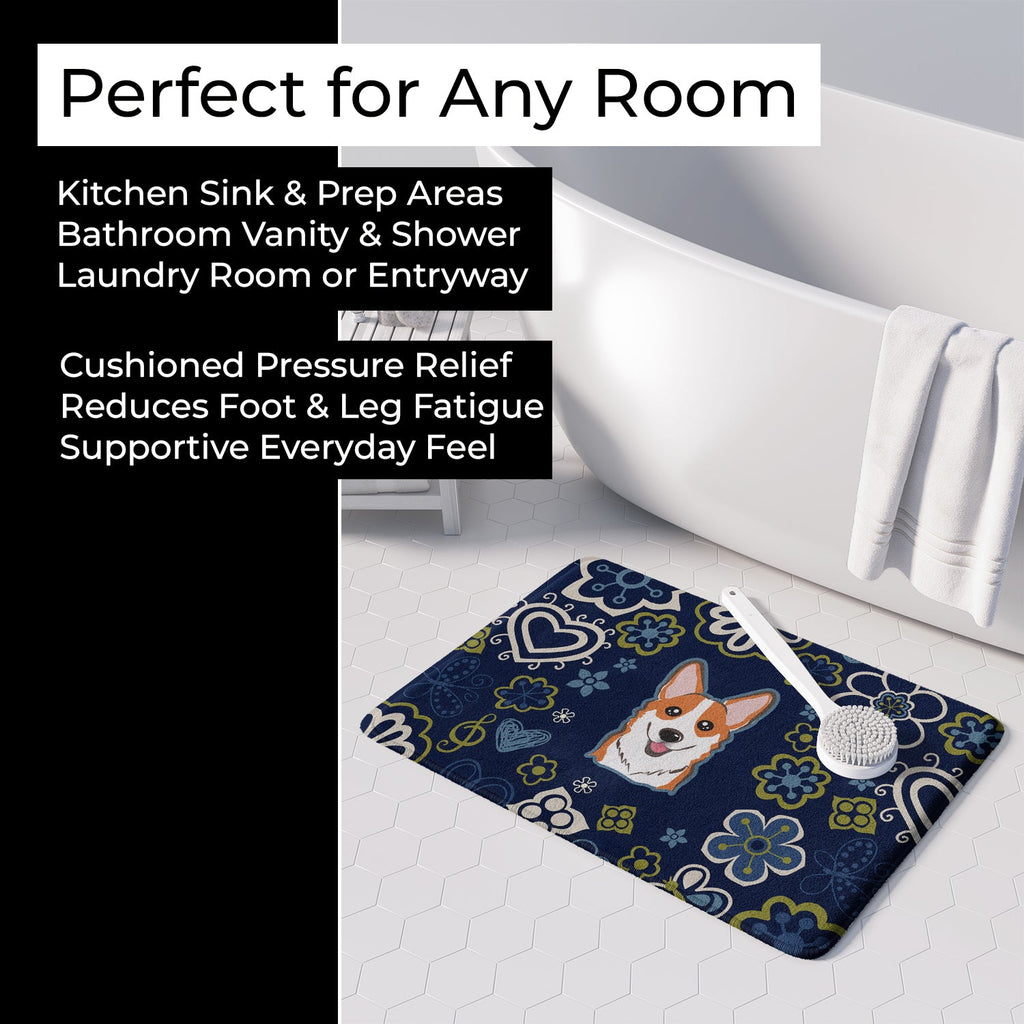 Blue Flowers Red Corgi Memory Foam Kitchen Mat Machine Washable Anti-Fatigue Cushion Comfort Bath or Kitchen Rug