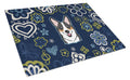 Blue Flowers Tricolor Corgi Cutting Board Tempered Glass Kitchen Cutting Surface, Heat Resistant Chopping, Non-Slip Feet, Food Prep & Serving