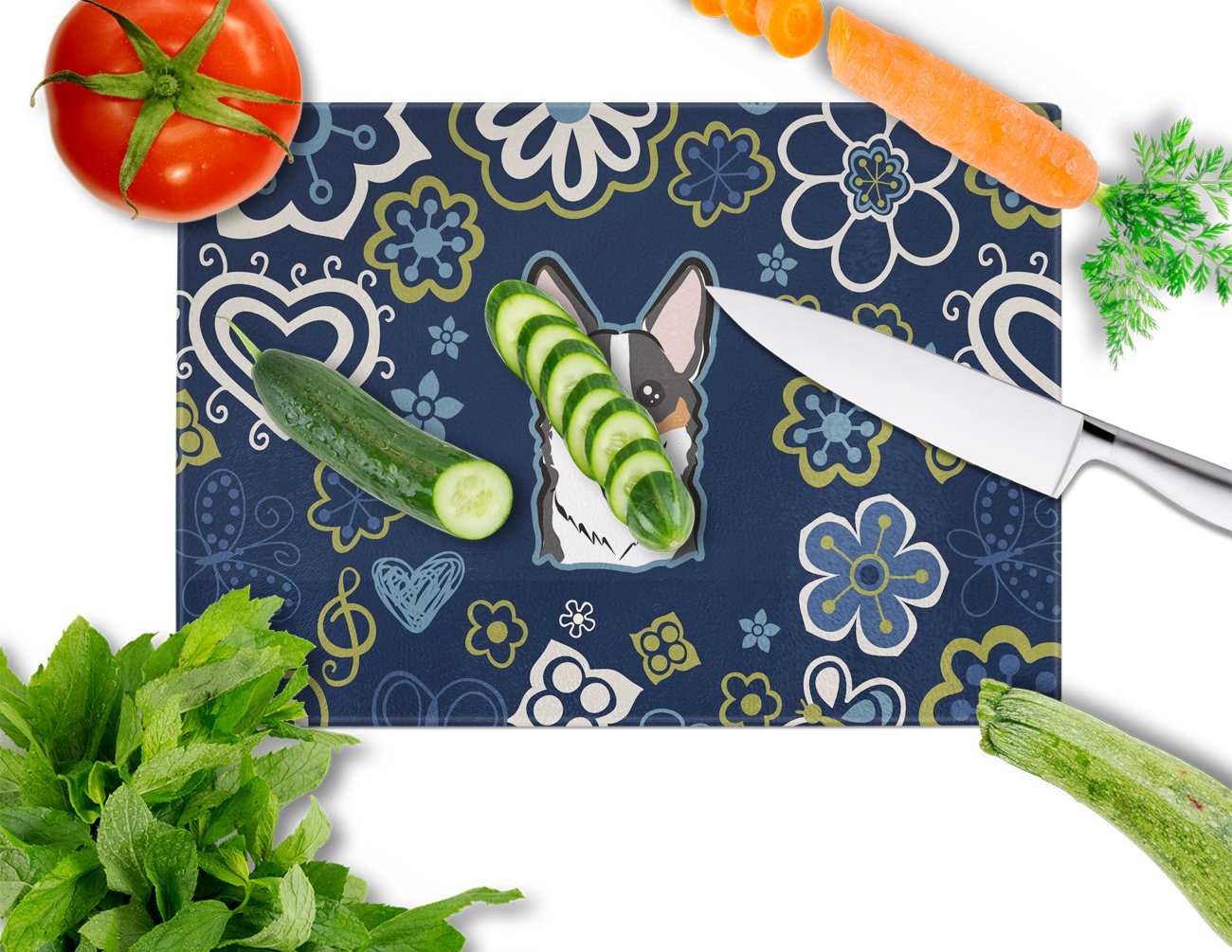 Blue Flowers Tricolor Corgi Cutting Board Tempered Glass Kitchen Cutting Surface, Heat Resistant Chopping, Non-Slip Feet, Food Prep & Serving