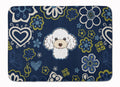 Blue Flowers White Poodle Memory Foam Kitchen Mat Machine Washable Anti-Fatigue Cushion Comfort Bath or Kitchen Rug