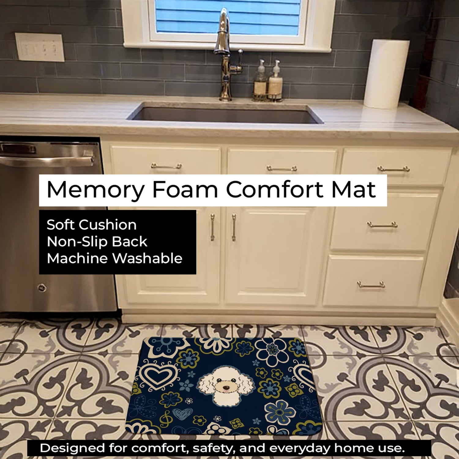 Blue Flowers White Poodle Memory Foam Kitchen Mat Machine Washable Anti-Fatigue Cushion Comfort Bath or Kitchen Rug