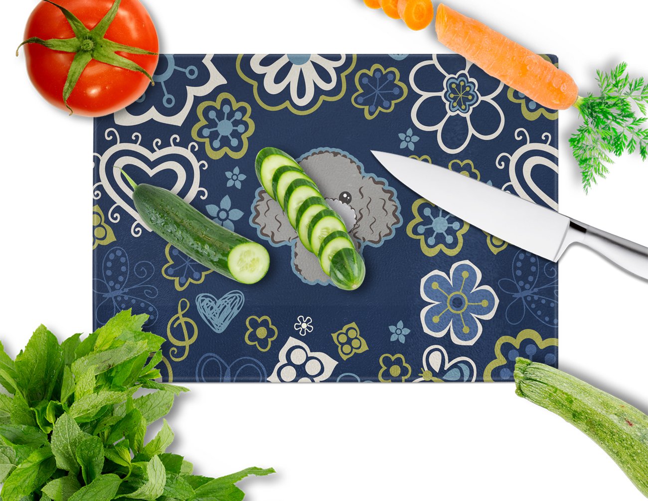 Blue Flowers Silver Gray Poodle Cutting Board Tempered Glass Kitchen Cutting Surface, Heat Resistant Chopping, Non-Slip Feet, Food Prep & Serving