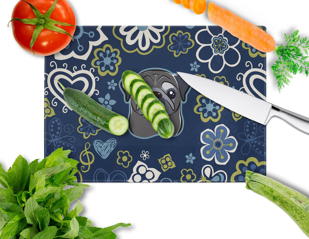 Blue Flowers Black Pug Cutting Board Tempered Glass Kitchen Cutting Surface, Heat Resistant Chopping, Non-Slip Feet, Food Prep & Serving