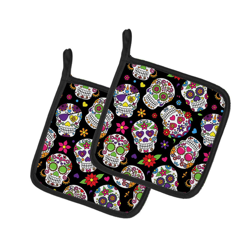 Day of the Dead Black Pot Holder Set of 2 Heat Resistant Quilted Hot Pads 7.5 x 7.5 Inch, Insulated Kitchen Trivets for Cooking & Baking