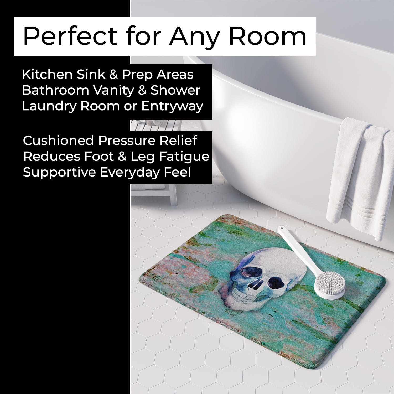 Day of the Dead Teal Skull Memory Foam Kitchen Mat Machine Washable Anti-Fatigue Cushion Comfort Bath or Kitchen Rug