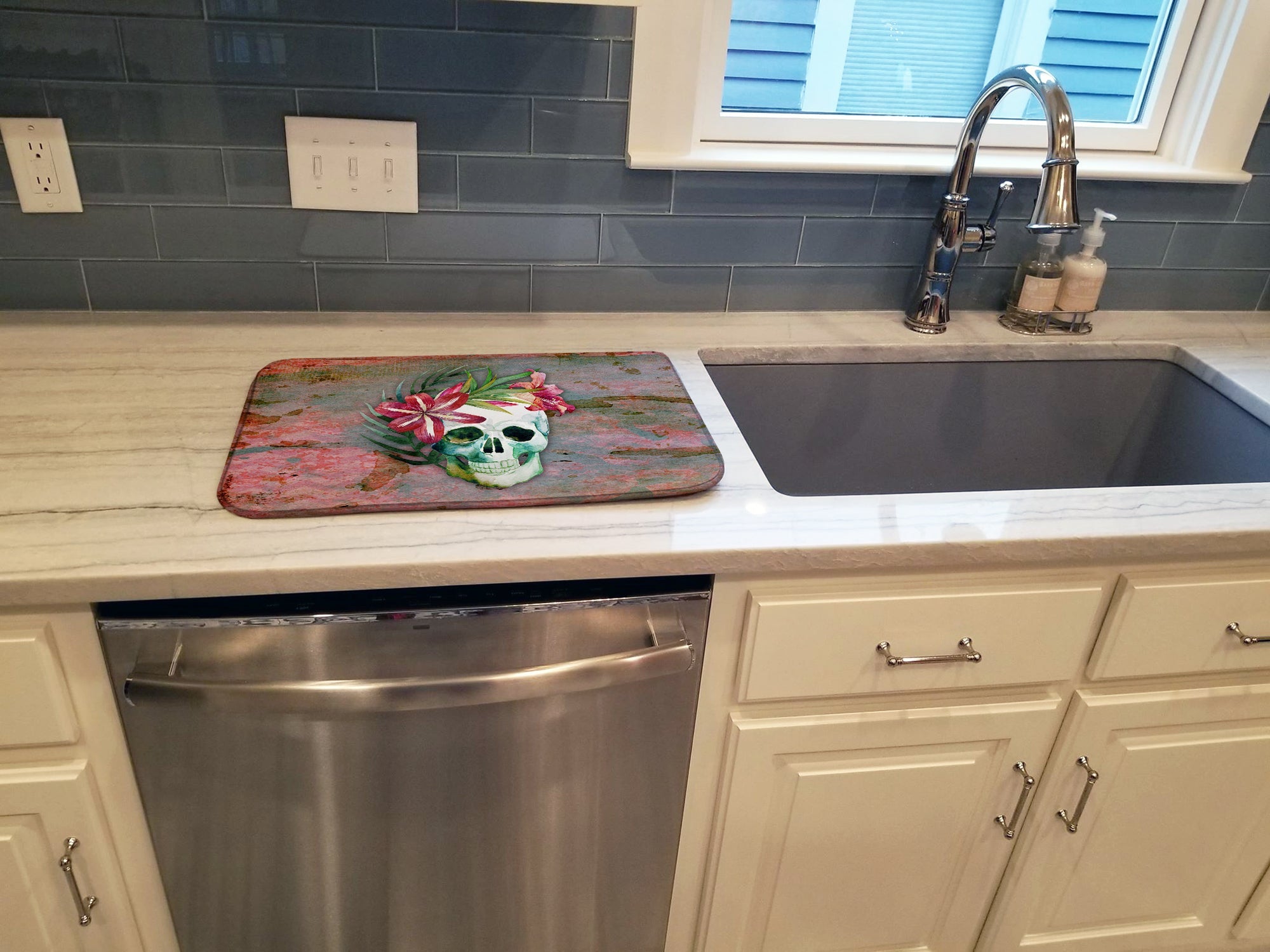 Day of the Dead Skull Flowers Dish Drying Mat Absorbent Dish Drying Mat Pad for Kitchen Counter Dish Drainer Mat for Countertop, 14 x 21", Multicolor