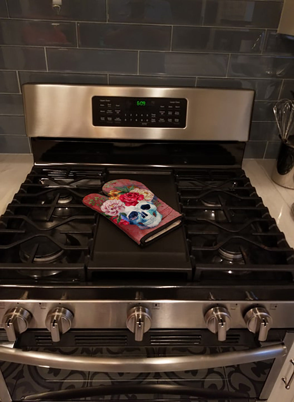 Day of the Dead Red Flowers Skull  Oven Mitt Heat Resistant Thick Oven Mitt for Hot Pans and Oven, Kitchen Mitt Protect Hands, Cooking Baking Glove