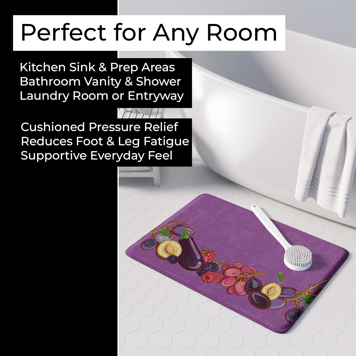 Fruits and Vegetables in Purple Memory Foam Kitchen Mat Machine Washable Anti-Fatigue Cushion Comfort Bath or Kitchen Rug