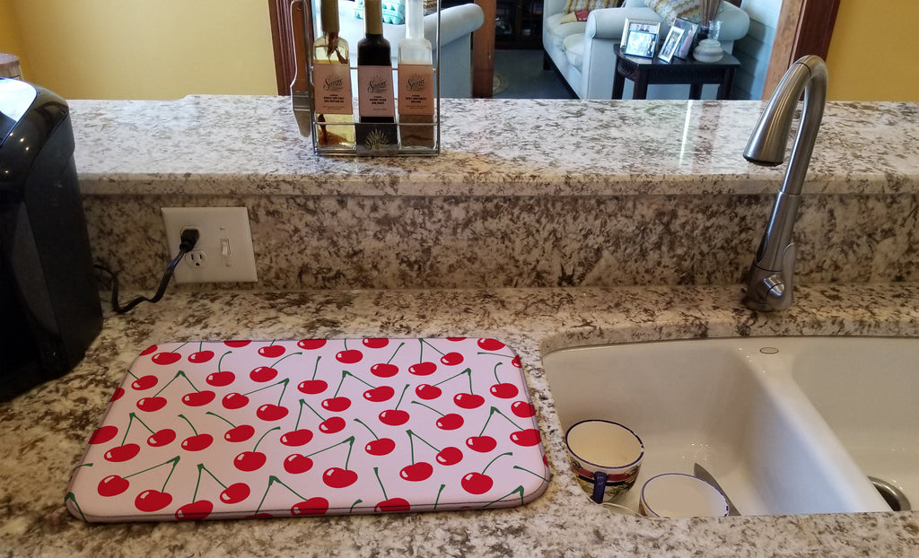 Cherries on Pink Dish Drying Mat Absorbent Dish Drying Mat Pad for Kitchen Counter Dish Drainer Mat for Countertop, 14 x 21", Multicolor