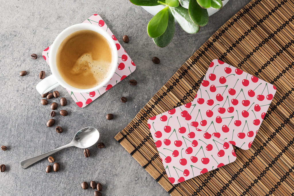 Cherries on Pink Foam Coasters Set of 4 Cup Coasters for Indoor Outdoor, Tabletop Protection, Anti Slip, Mouse pad Material