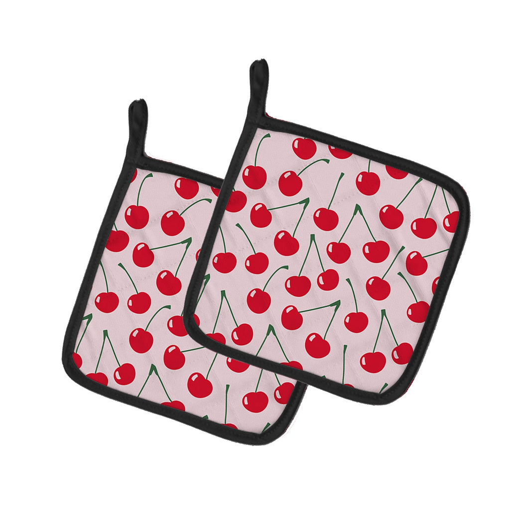 Cherries on Pink Pot Holder Set of 2 Heat Resistant Quilted Hot Pads 7.5 x 7.5 Inch, Insulated Kitchen Trivets for Cooking & Baking