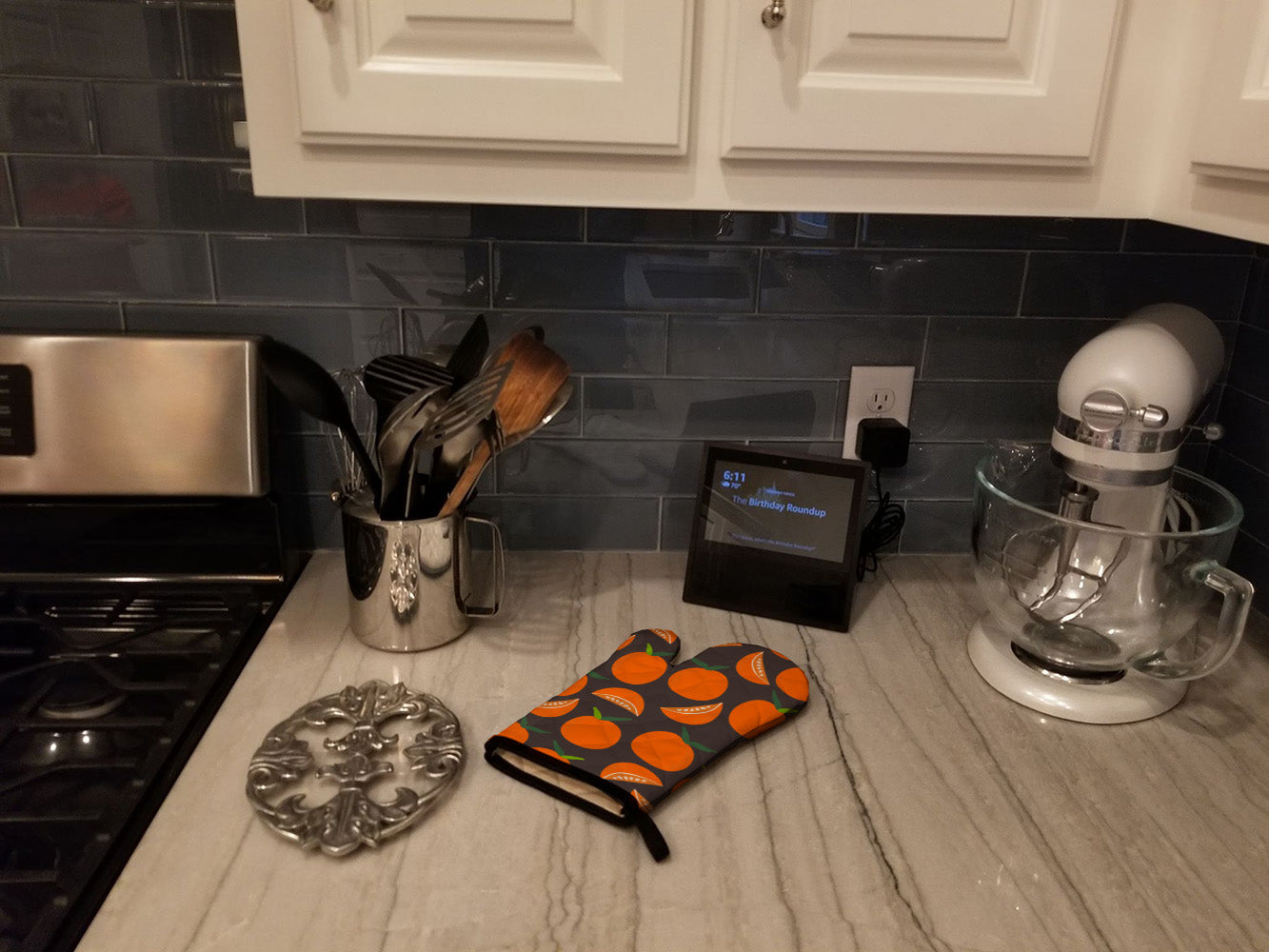 Oranges on Gray Oven Mitt Heat Resistant Thick Oven Mitt for Hot Pans and Oven, Kitchen Mitt Protect Hands, Cooking Baking Glove