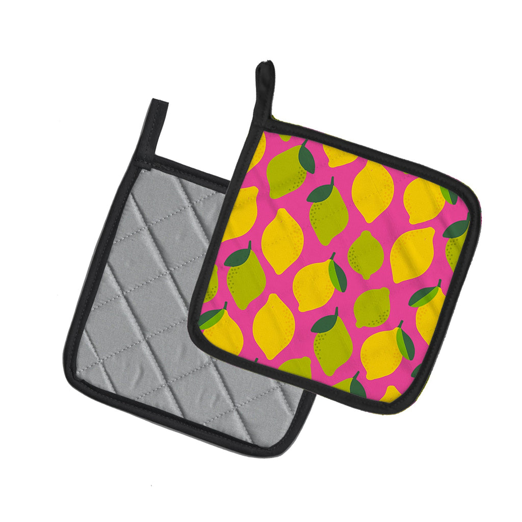 Lemons and Limes on Pink Pot Holder Set of 2 Heat Resistant Quilted Hot Pads 7.5 x 7.5 Inch, Insulated Kitchen Trivets for Cooking & Baking