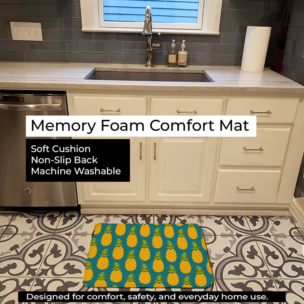 Pineapples on Teal Memory Foam Kitchen Mat Machine Washable Anti-Fatigue Cushion Comfort Bath or Kitchen Rug
