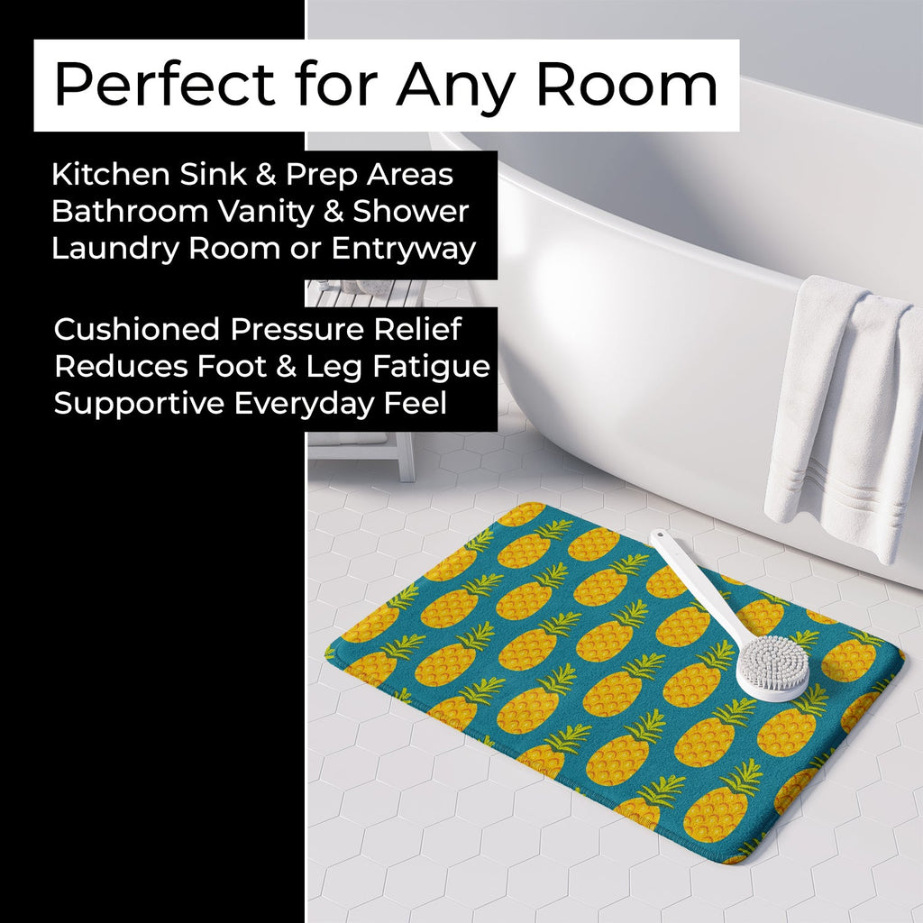 Pineapples on Teal Memory Foam Kitchen Mat Machine Washable Anti-Fatigue Cushion Comfort Bath or Kitchen Rug