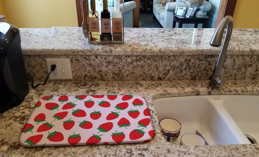 Strawberries on Pink Dish Drying Mat Absorbent Dish Drying Mat Pad for Kitchen Counter Dish Drainer Mat for Countertop, 14 x 21", Multicolor