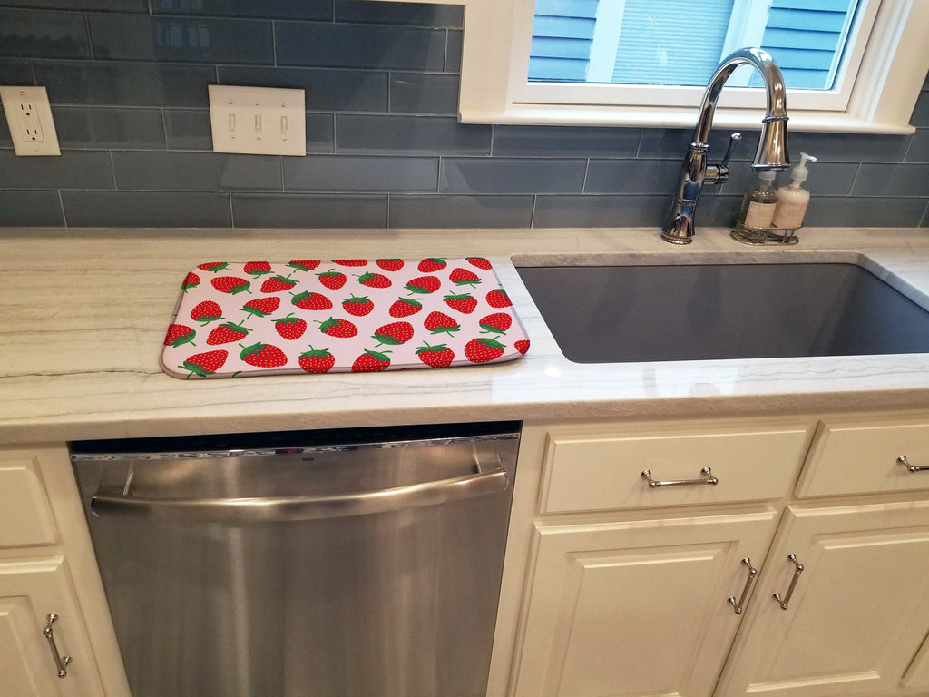 Strawberries on Pink Dish Drying Mat Absorbent Dish Drying Mat Pad for Kitchen Counter Dish Drainer Mat for Countertop, 14 x 21", Multicolor