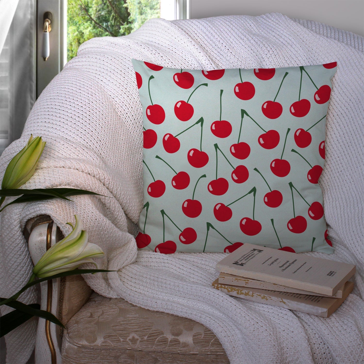 Cherries on Blue Decorative Throw Pillow 14x14 Indoor Outdoor Accent Cushion, Fabric Cover with Insert for Sofa, Bed, Porch & Living Room