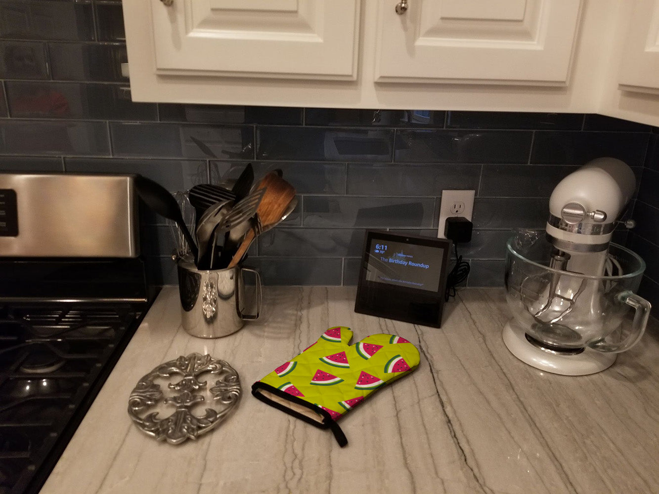 Watermelon on Lime Green Oven Mitt Heat Resistant Thick Oven Mitt for Hot Pans and Oven, Kitchen Mitt Protect Hands, Cooking Baking Glove