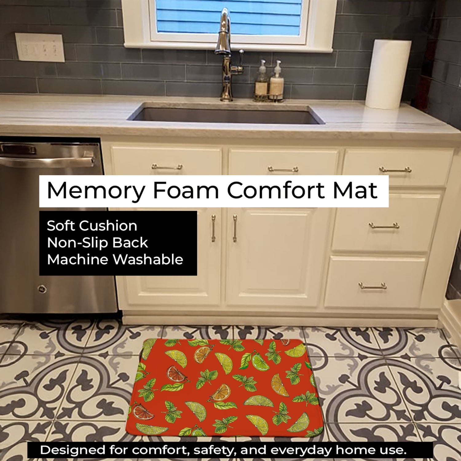 Lemons, Limes and Oranges Memory Foam Kitchen Mat Machine Washable Anti-Fatigue Cushion Comfort Bath or Kitchen Rug