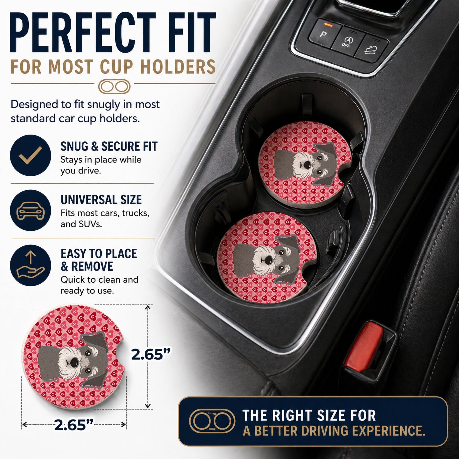 Schnauzer Set of 2 Cup Holder Car Coasters Absorbent Round Sandstone Coasters Gifts for Men or Women, 2.5, Multicolor