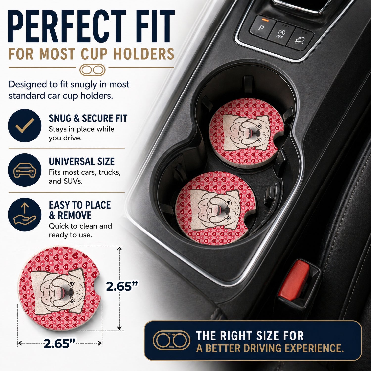 White English Bulldog  Set of 2 Cup Holder Car Coasters Absorbent Round Sandstone Coasters Gifts for Men or Women, 2.5, Multicolor