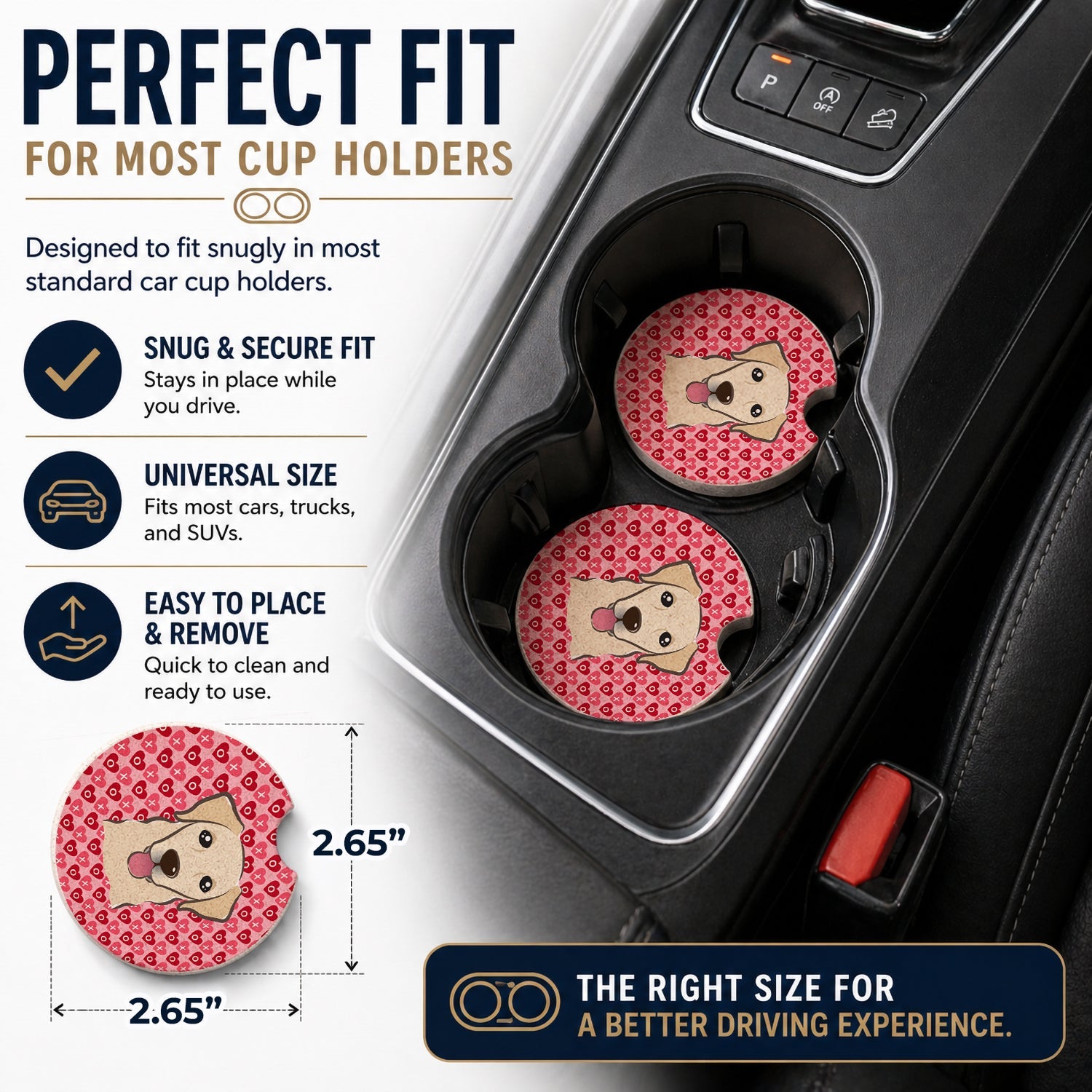 Golden Retriever Set of 2 Cup Holder Car Coasters Absorbent Round Sandstone Coasters Gifts for Men or Women, 2.5, Multicolor