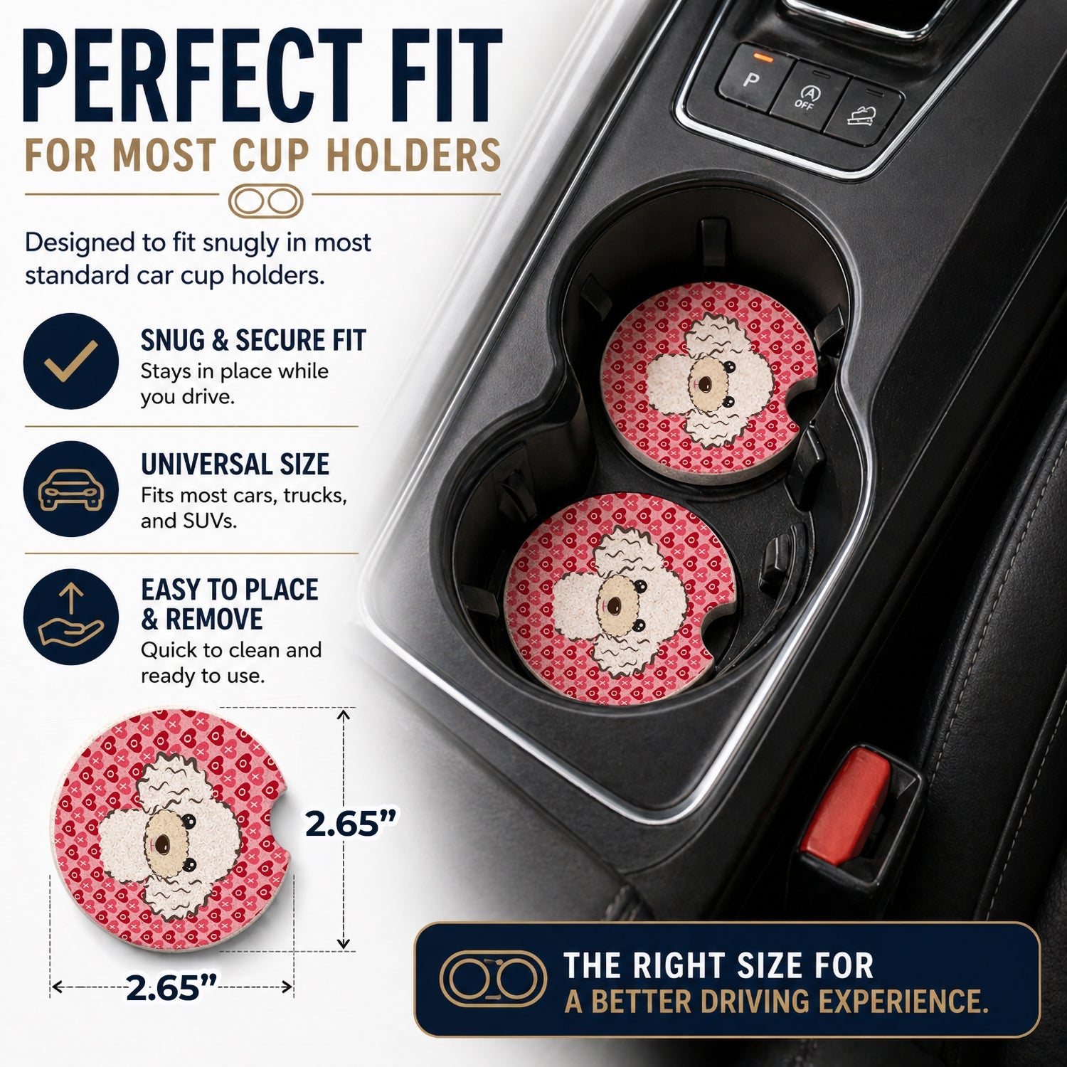 White Poodle Set of 2 Cup Holder Car Coasters Absorbent Round Sandstone Coasters Gifts for Men or Women, 2.5, Multicolor
